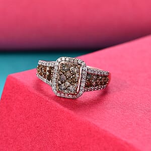 D'Joy Natural Champagne and White Diamond 1.00 ctw Art Deco Ring in 18K Vermeil Rose Gold Sterling Silver (Size 7.0)