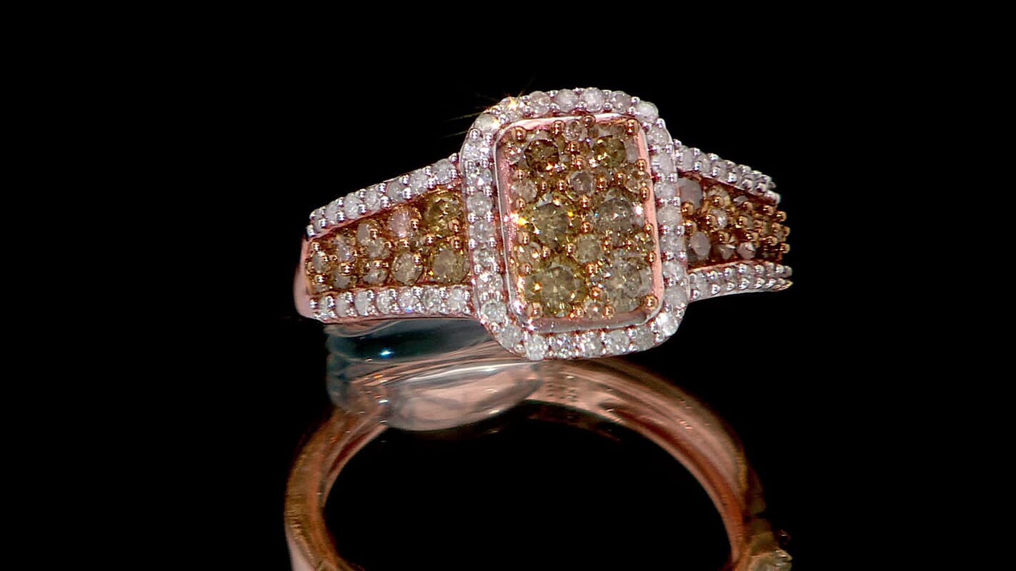 Nature Champagne and White Diamond Statement Ring in 18K Vermeil RG Sterling Silver (Size 10.0)