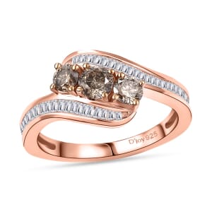 Natural Champagne and White Diamond 1.00 ctw Bypass Ring in 18K Vermeil Rose Gold Sterling Silver (Size 10.0)