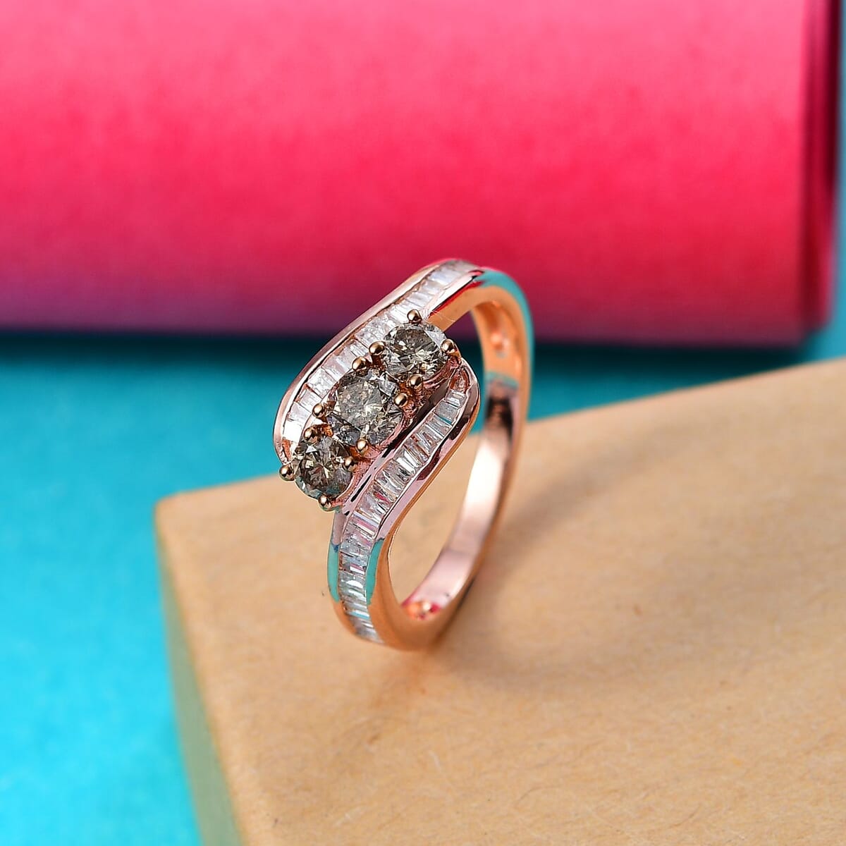 Natural Champagne and White Diamond 1.00 ctw Bypass Ring in 18K Vermeil Rose Gold Sterling Silver (Size 9.0) image number 1