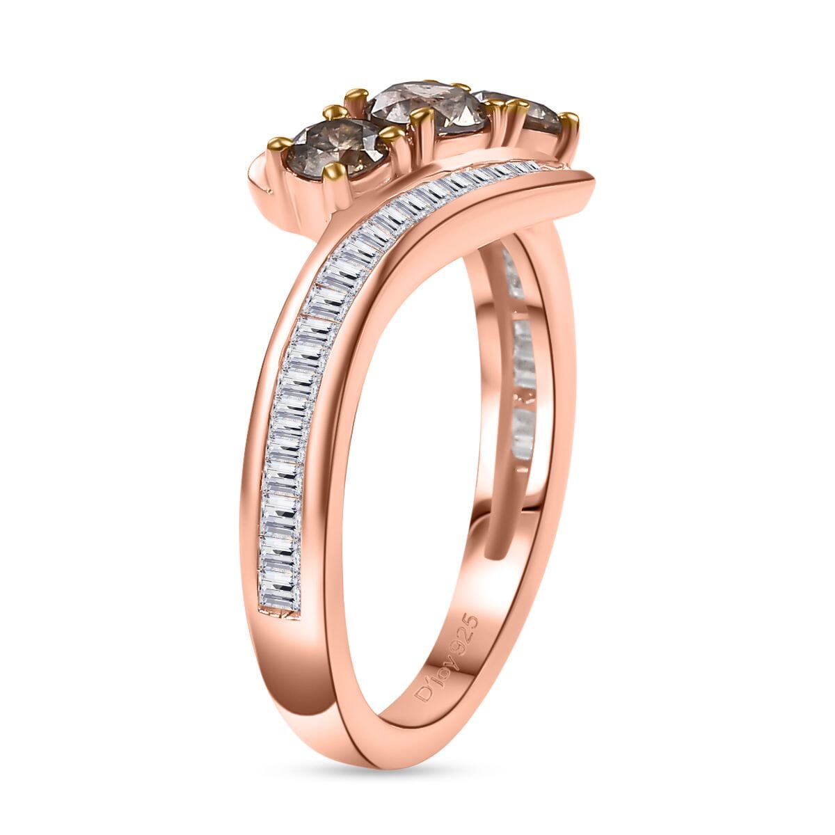 Natural Champagne and White Diamond 1.00 ctw Bypass Ring in 18K Vermeil Rose Gold Sterling Silver (Size 9.0) image number 3