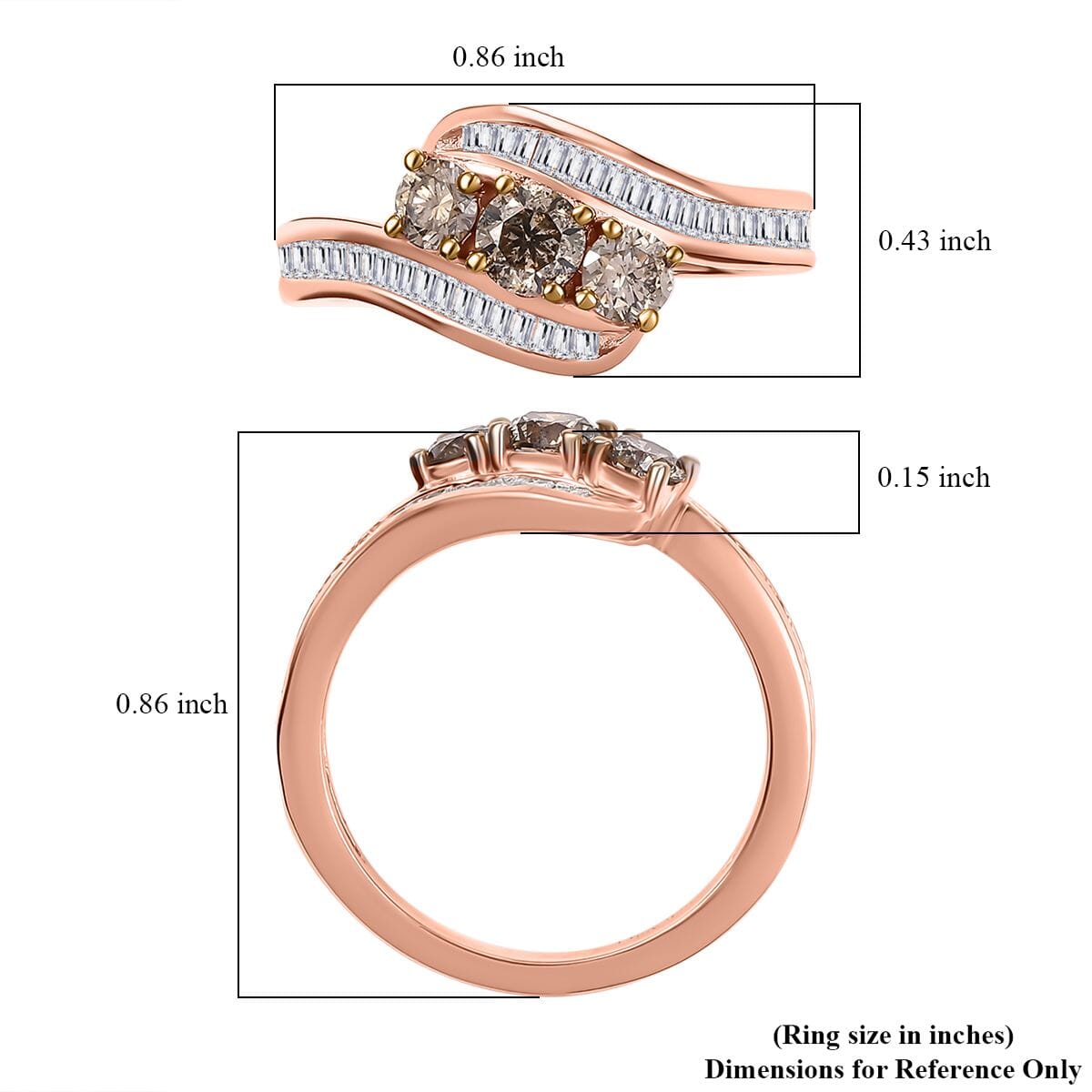 Natural Champagne and White Diamond 1.00 ctw Bypass Ring in 18K Vermeil Rose Gold Sterling Silver (Size 9.0) image number 5