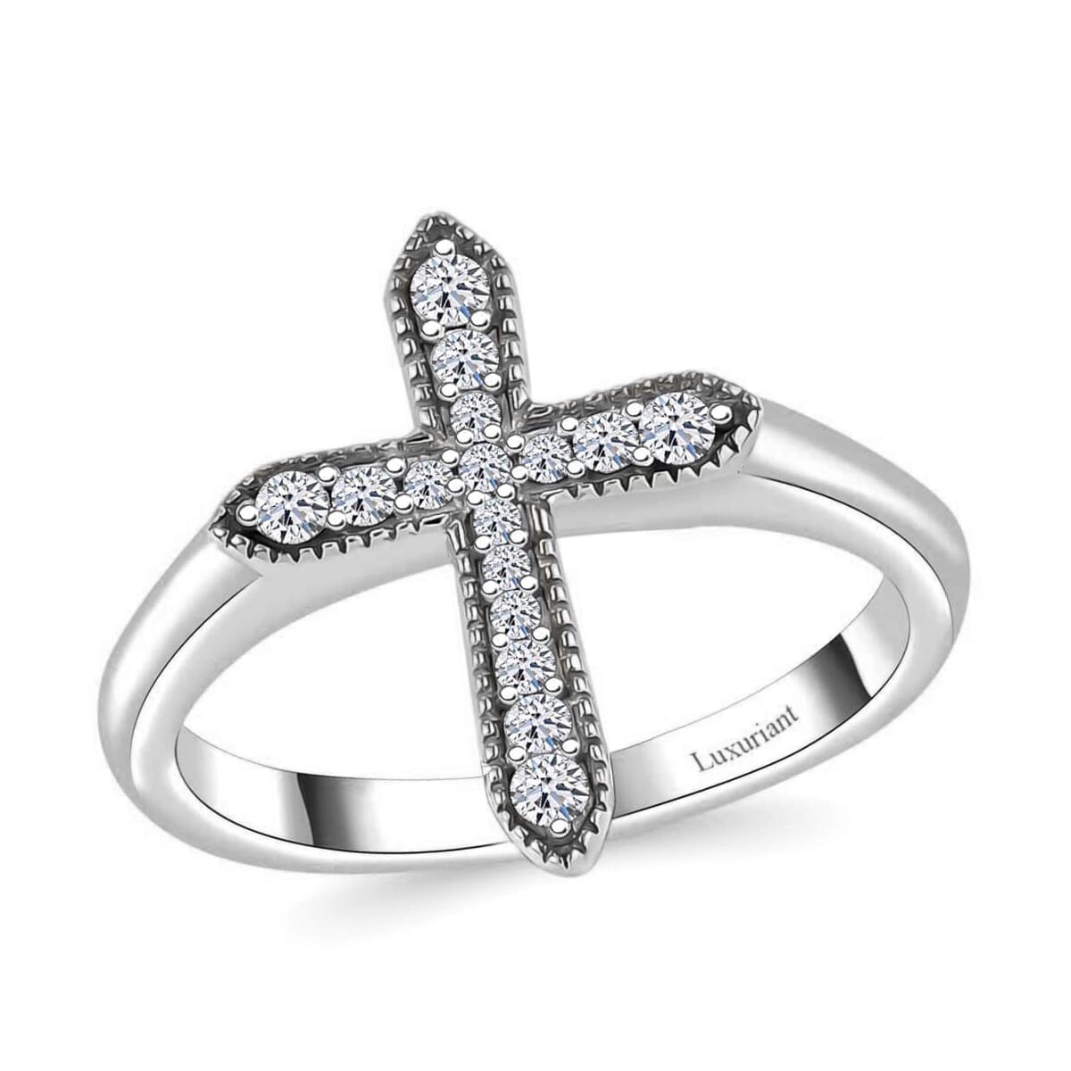 Luxuriant Lab Grown Diamond G-H SI 0.20 ctw Cross Ring in Rhodium Over Sterling Silver (Size 10.0) image number 0
