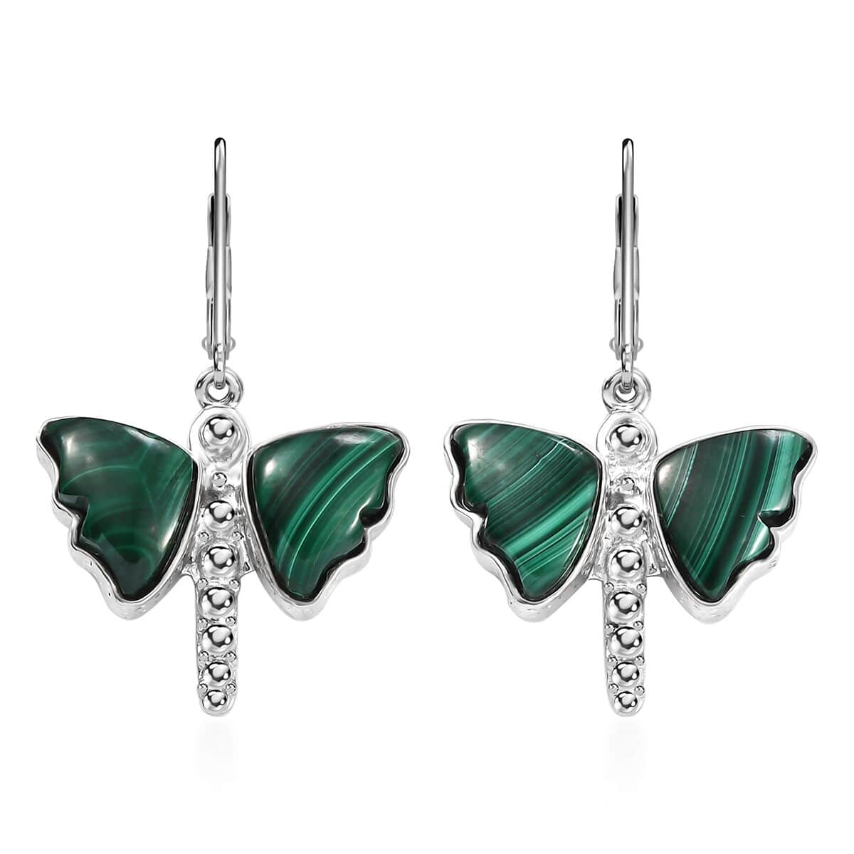 Karis African Malachite 25.75 ctw Dragonfly Earrings in Platinum Bond image number 0