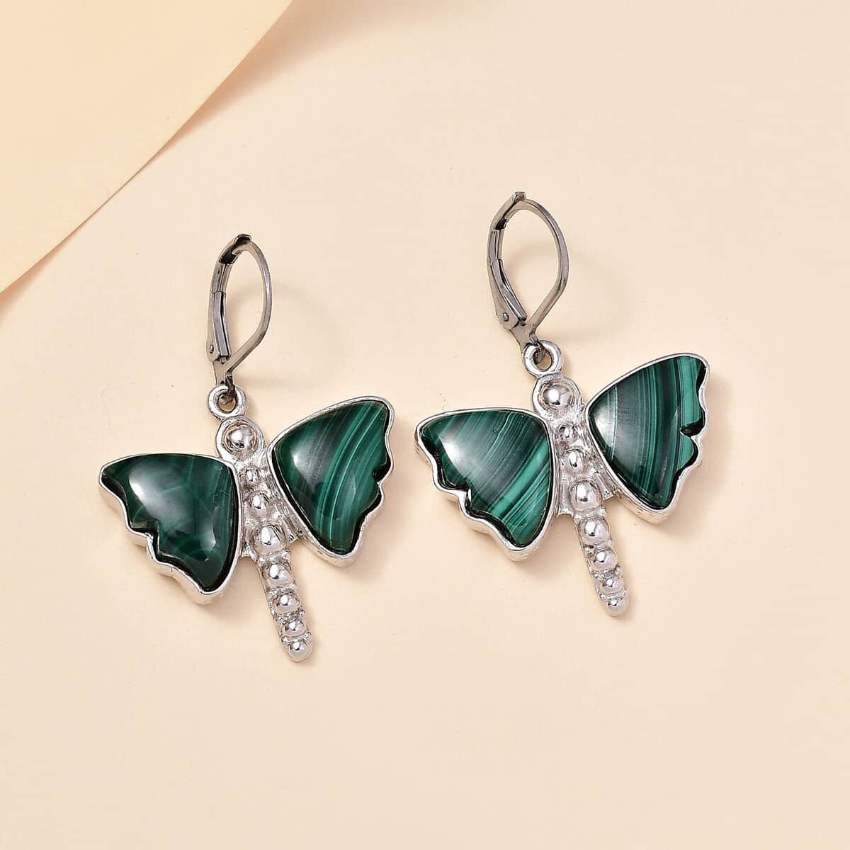 Karis African Malachite 25.75 ctw Dragonfly Earrings in Platinum Bond image number 1