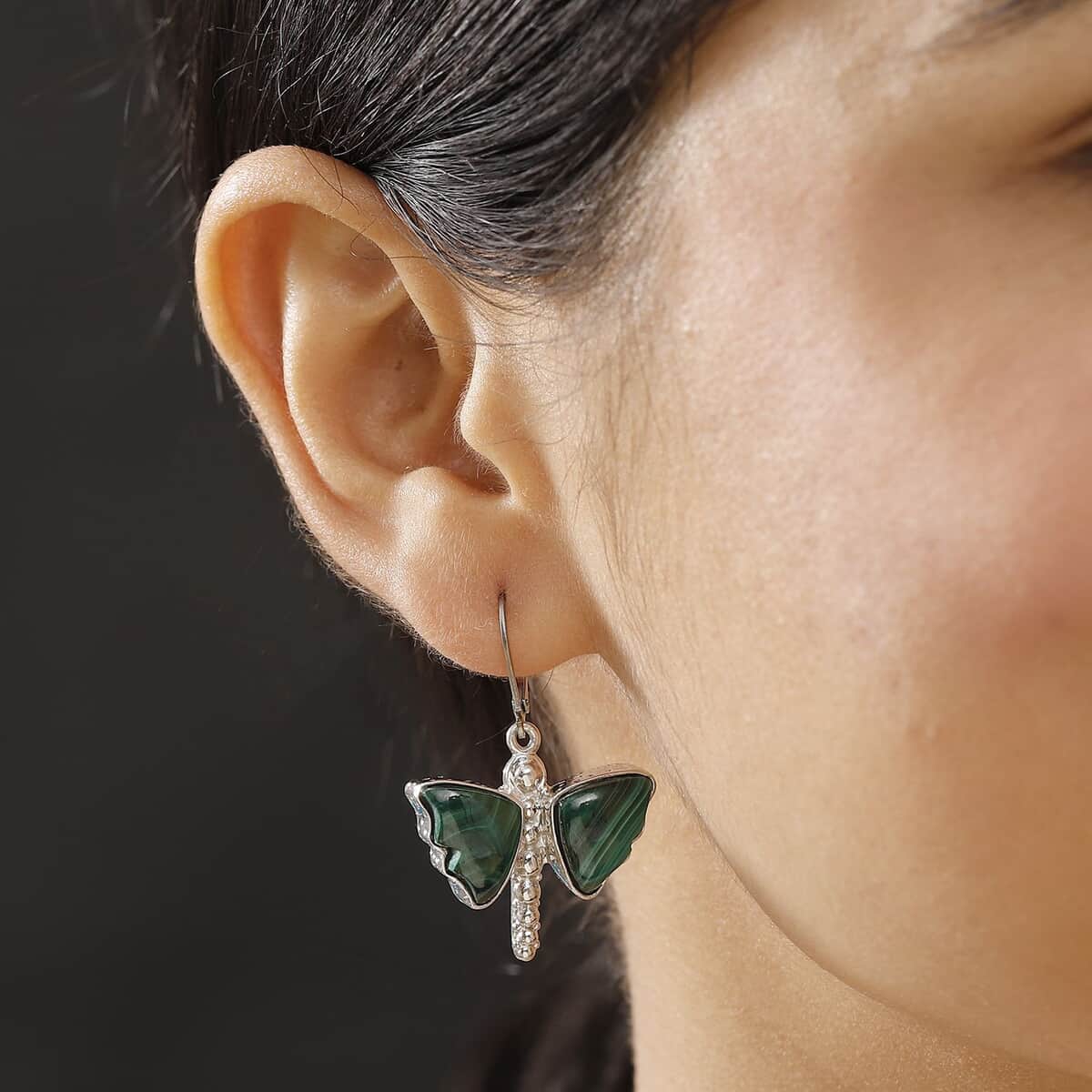 Karis African Malachite 25.75 ctw Dragonfly Earrings in Platinum Bond image number 2