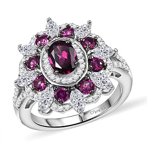 AAA Radiant Ember Garnet, Moissanite Ring in Rhodium Over Sterling Silver (Size 10.0) 3.10 ctw