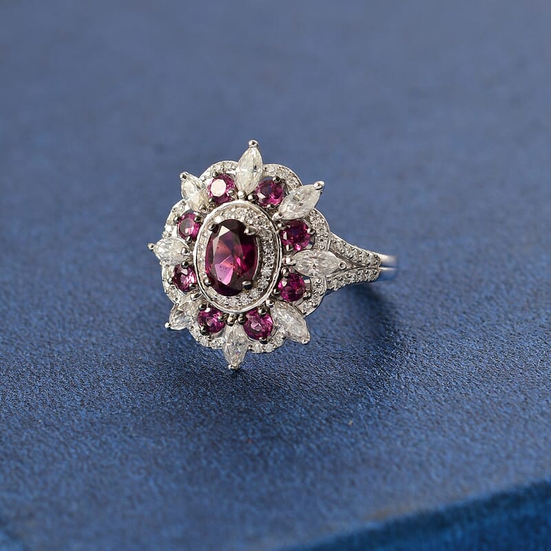D'Joy AAA Radiant Ember Garnet and Moissanite 3.10 ctw Floral Ring in Rhodium Over Sterling Silver (Size 10.0)