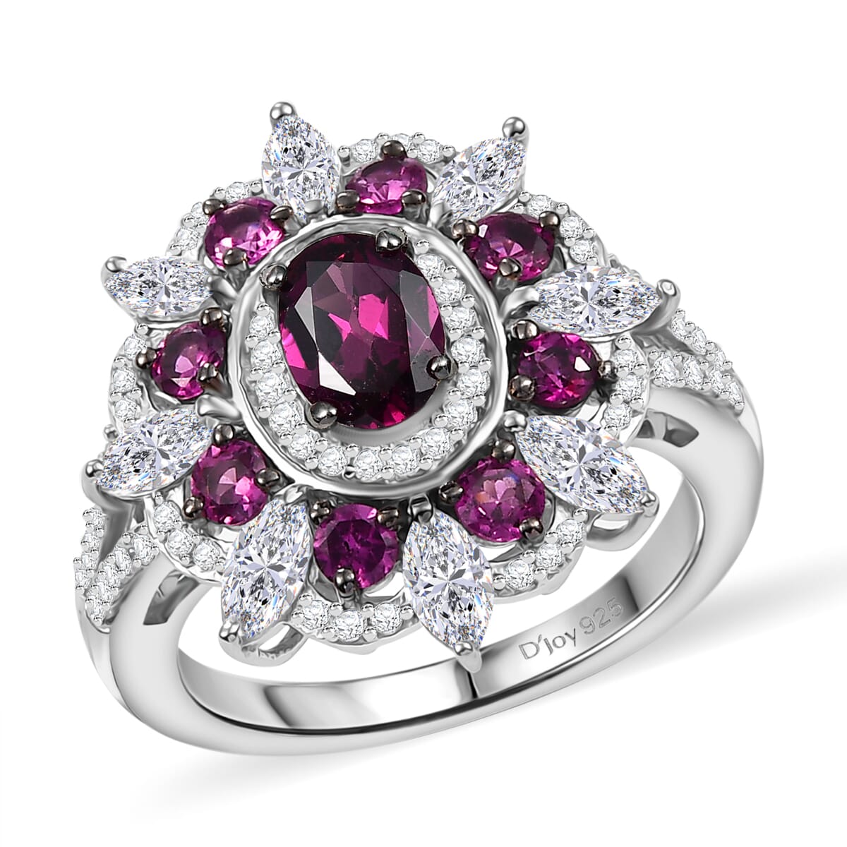 Radiant Ember Garnet ,  Moissanite  Cluster Ring in Rhodium Overlay Sterling Silver 3.04 ctw ,  Silver Wt. 5.5 g image number 0