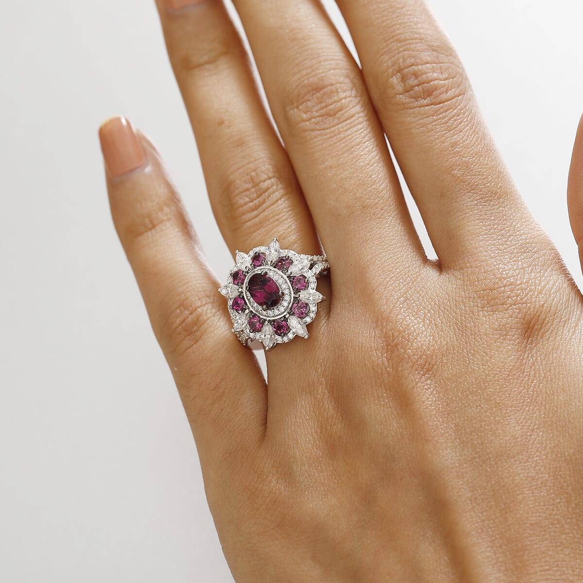 Radiant Ember Garnet ,  Moissanite  Cluster Ring in Rhodium Overlay Sterling Silver 3.04 ctw ,  Silver Wt. 5.5 g image number 2