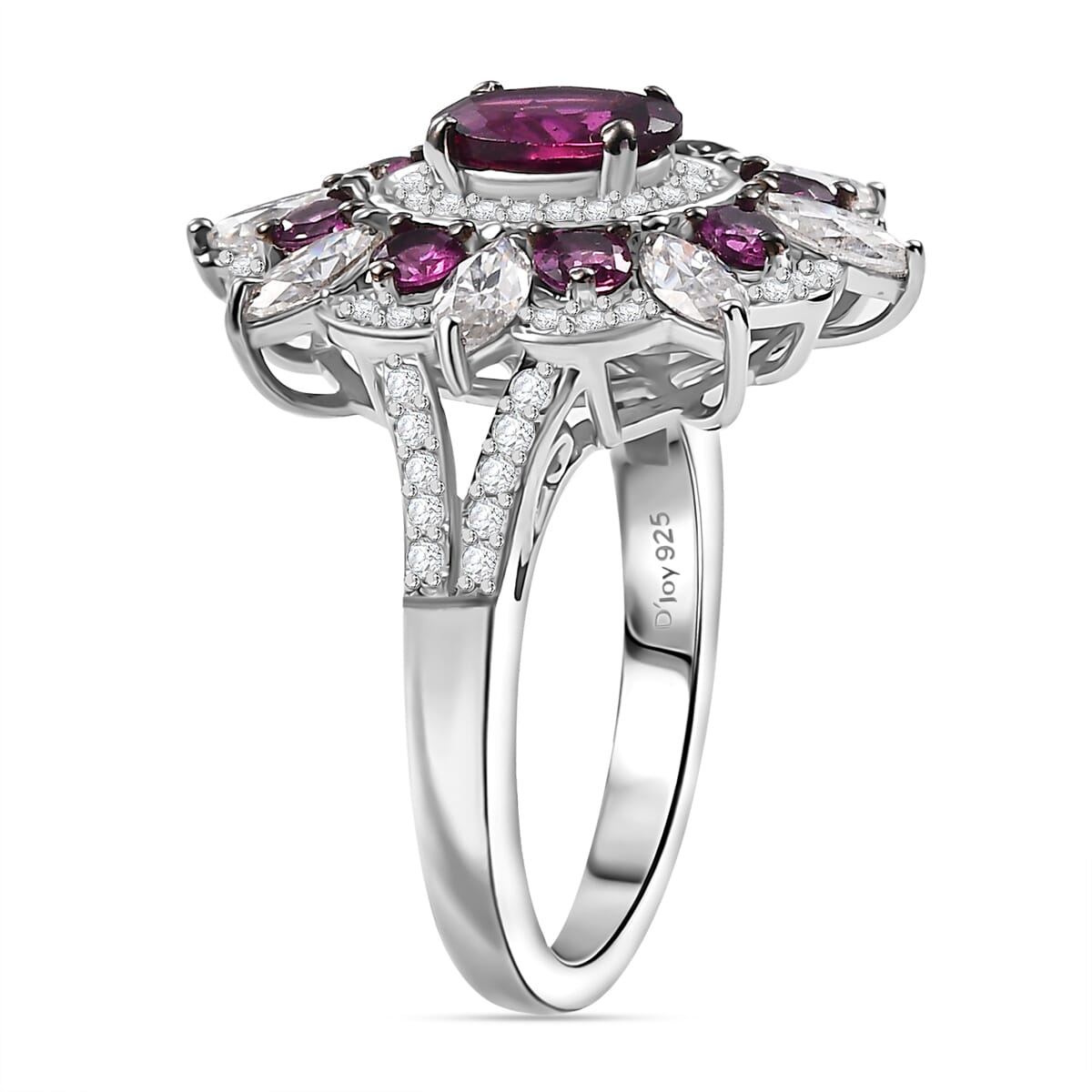 Radiant Ember Garnet ,  Moissanite  Cluster Ring in Rhodium Overlay Sterling Silver 3.04 ctw ,  Silver Wt. 5.5 g image number 3