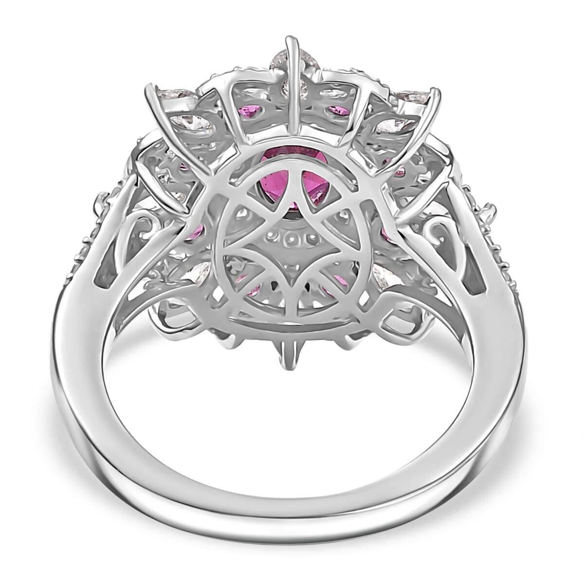 Radiant Ember Garnet ,  Moissanite  Cluster Ring in Rhodium Overlay Sterling Silver 3.04 ctw ,  Silver Wt. 5.5 g image number 4