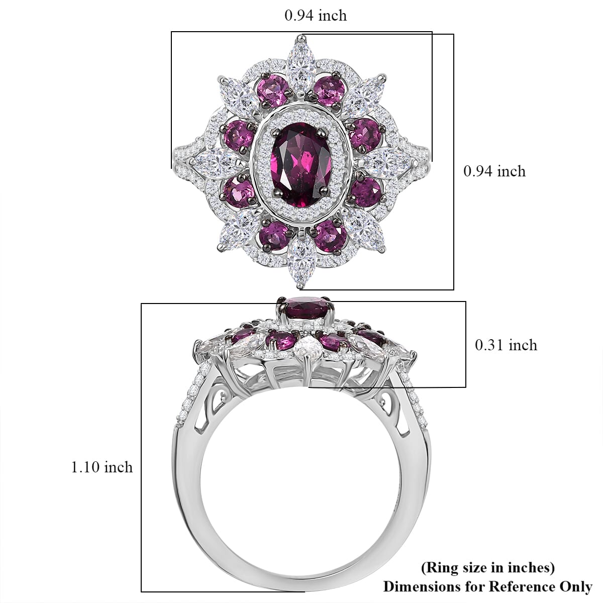 Radiant Ember Garnet ,  Moissanite  Cluster Ring in Rhodium Overlay Sterling Silver 3.04 ctw ,  Silver Wt. 5.5 g image number 5