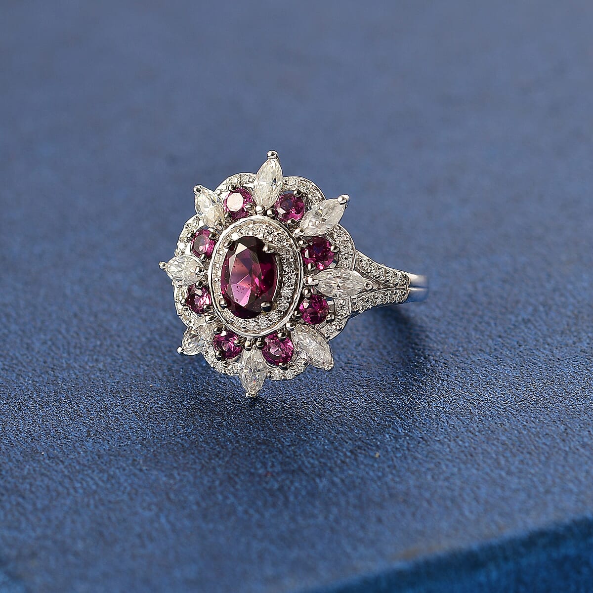 AAA Radiant Ember Garnet, Moissanite Ring in Rhodium Over Sterling Silver (Size 10.0) 3.10 ctw image number 1