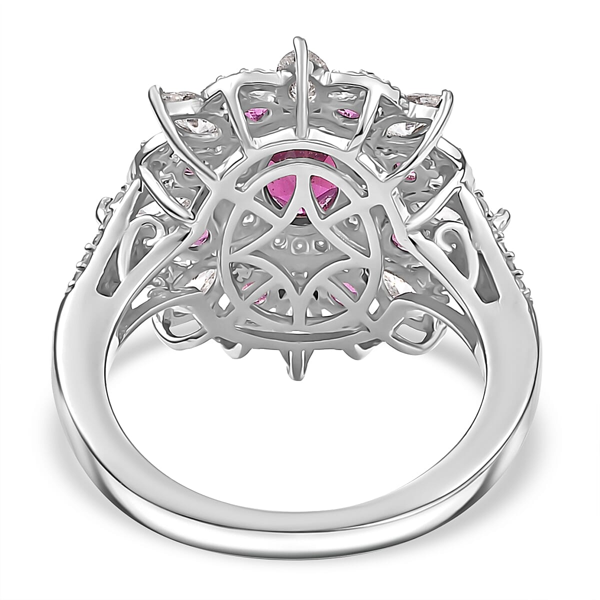 AAA Radiant Ember Garnet, Moissanite Ring in Rhodium Over Sterling Silver (Size 10.0) 3.10 ctw image number 4