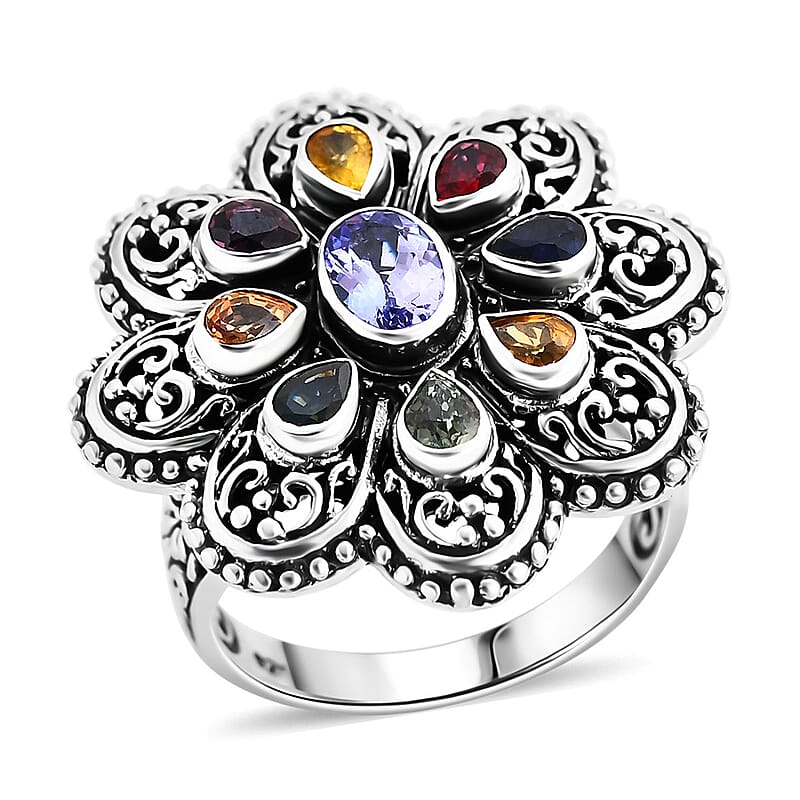 Bali Legacy Tanzanite and Multi Sapphire 1.30 ctw Flower Ring in Sterling Silver (Size 10.0)