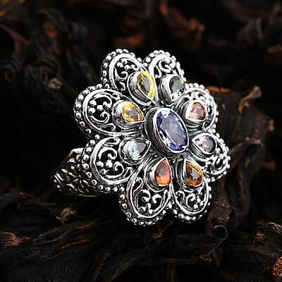 Bali Legacy Tanzanite and Multi Sapphire 1.30 ctw Flower Ring in Sterling Silver (Size 10.0)