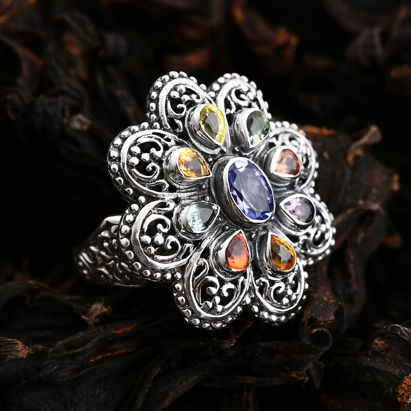Bali Legacy Tanzanite and Multi Sapphire 1.30 ctw Flower Ring in Sterling Silver (Size 10.0)