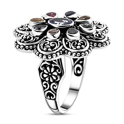 Bali Legacy Tanzanite and Multi Sapphire 1.30 ctw Flower Ring in Sterling Silver (Size 10.0)