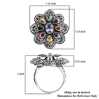 Bali Legacy Tanzanite and Multi Sapphire 1.30 ctw Flower Ring in Sterling Silver (Size 10.0)