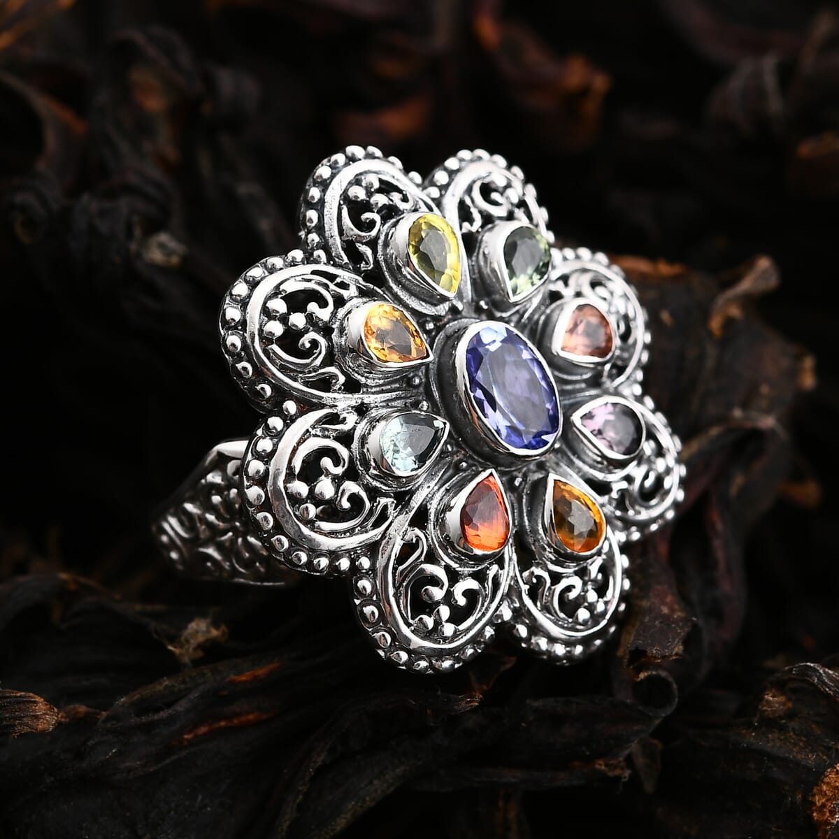 Bali Legacy Tanzanite and Multi Sapphire 1.30 ctw Flower Ring in Sterling Silver (Size 6.0) image number 1