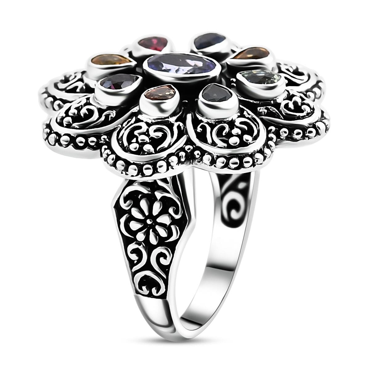 Bali Legacy Tanzanite and Multi Sapphire 1.30 ctw Flower Ring in Sterling Silver (Size 9.0) image number 3