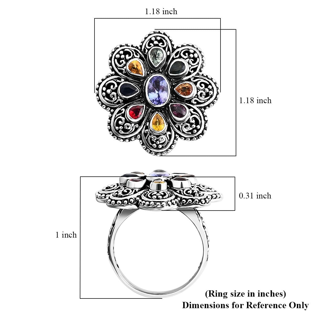 Bali Legacy Tanzanite and Multi Sapphire 1.30 ctw Flower Ring in Sterling Silver (Size 9.0) image number 5