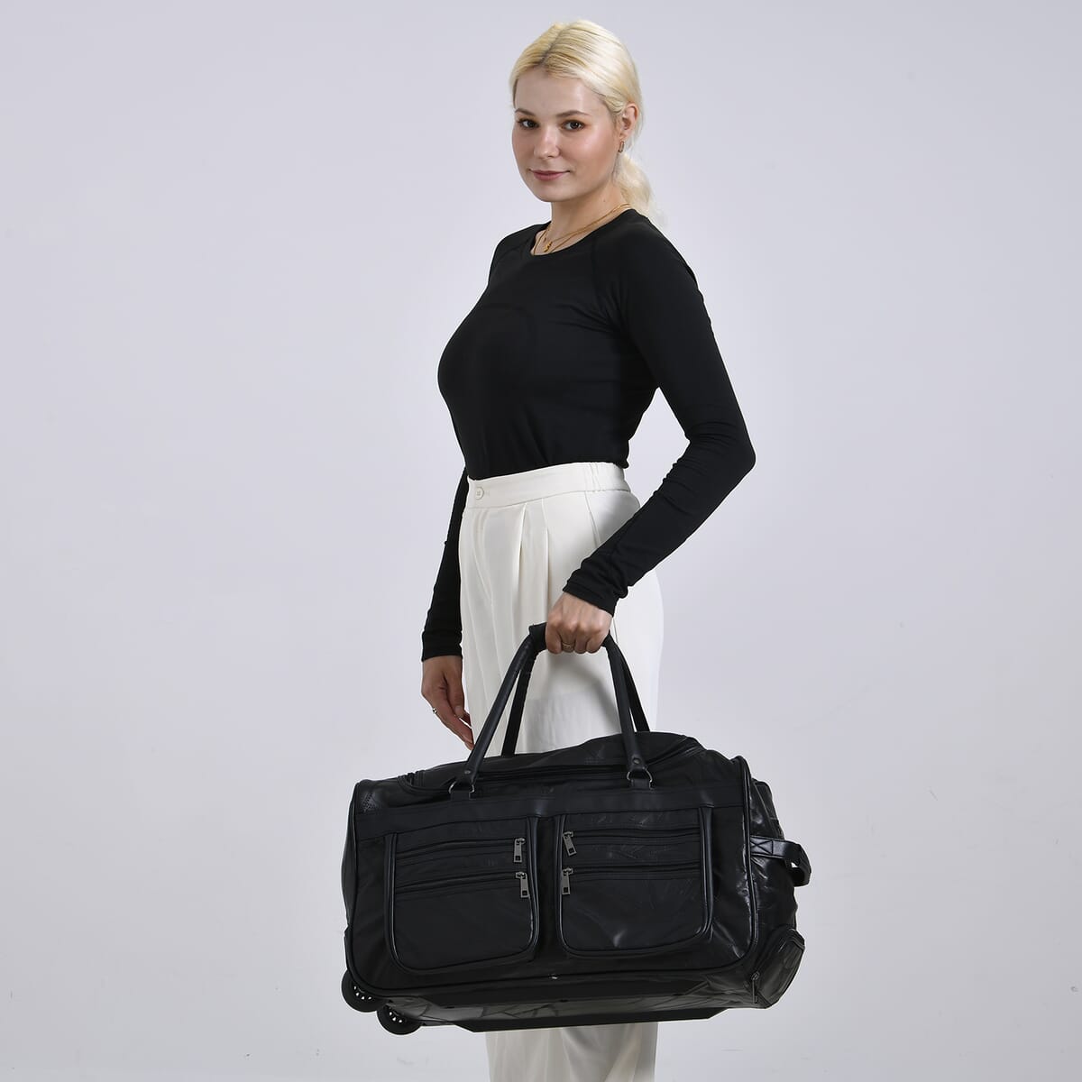 TLV Black Sheep Leather Trolley Travel Bag (20"x11.4"x11") with 54.7 inch Long Strap image number 2