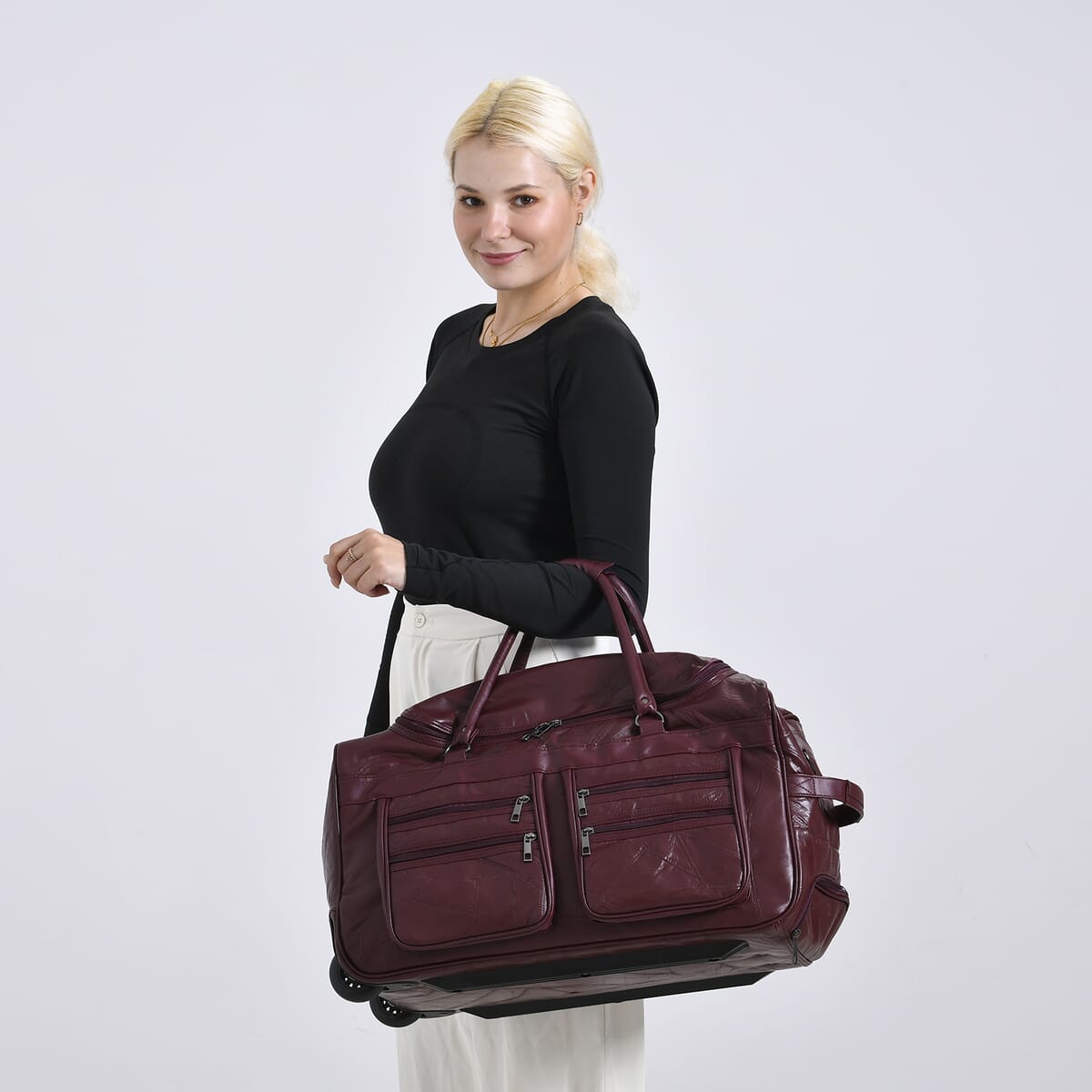 Burgundy Sheep Leather Trolley Travel Bag with 54.7 inch Long Strap image number 2