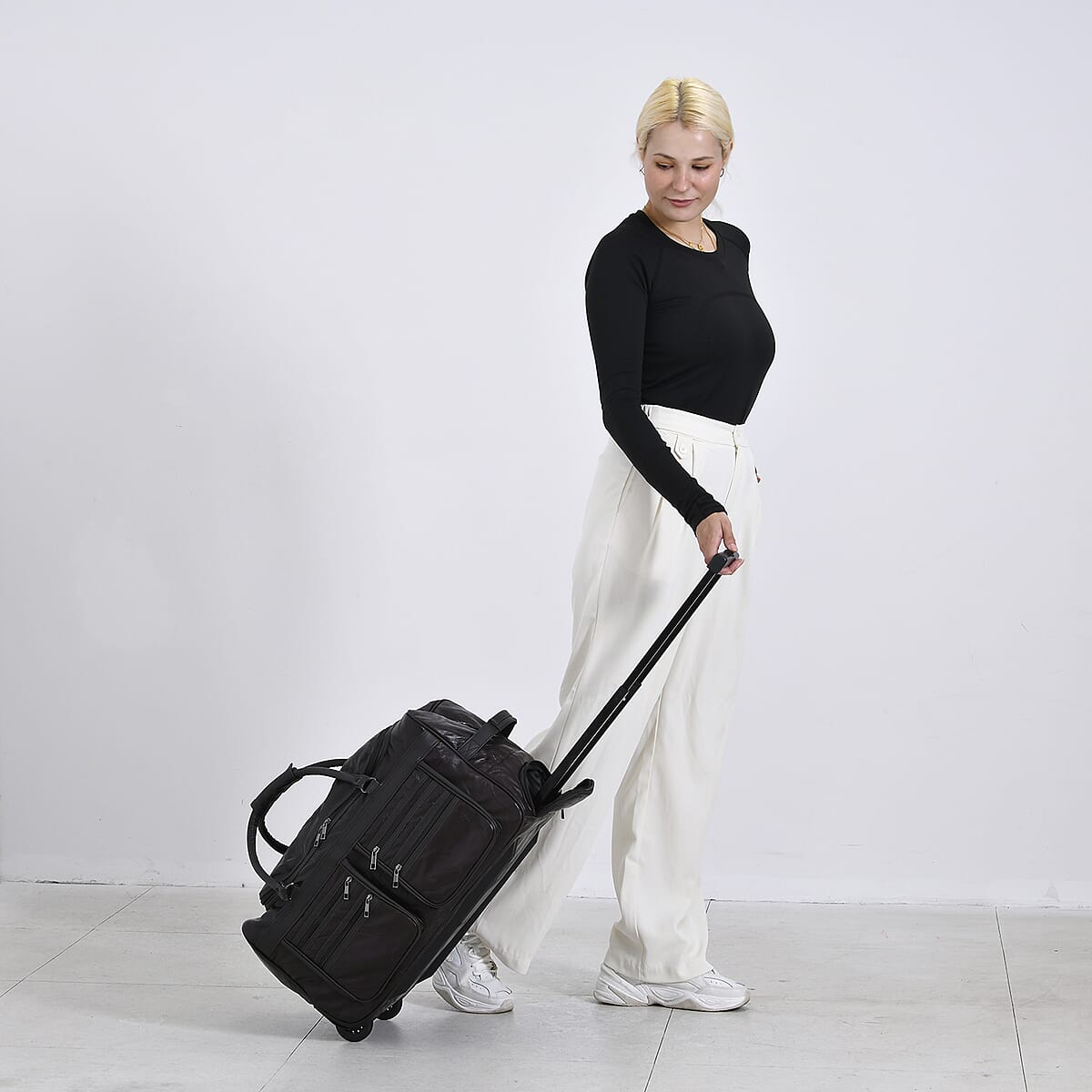Brown Sheep Leather Trolley Travel Bag with 54.7 inch Long Strap image number 1