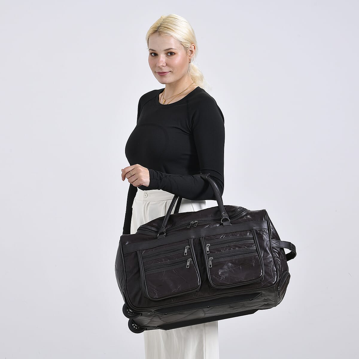 Brown Sheep Leather Trolley Travel Bag with 54.7 inch Long Strap image number 2