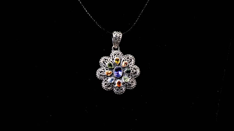 Bali Legacy Tanzanite and Multi Sapphire 1.30 ctw Flower Pendant without Chain in Sterling Silver