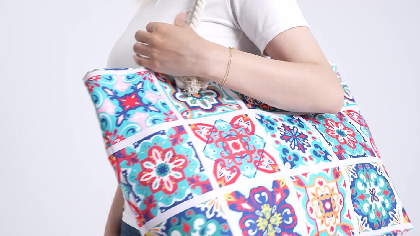 Multi Color Plaid Flower Print Pattern Large Size Tote Bag