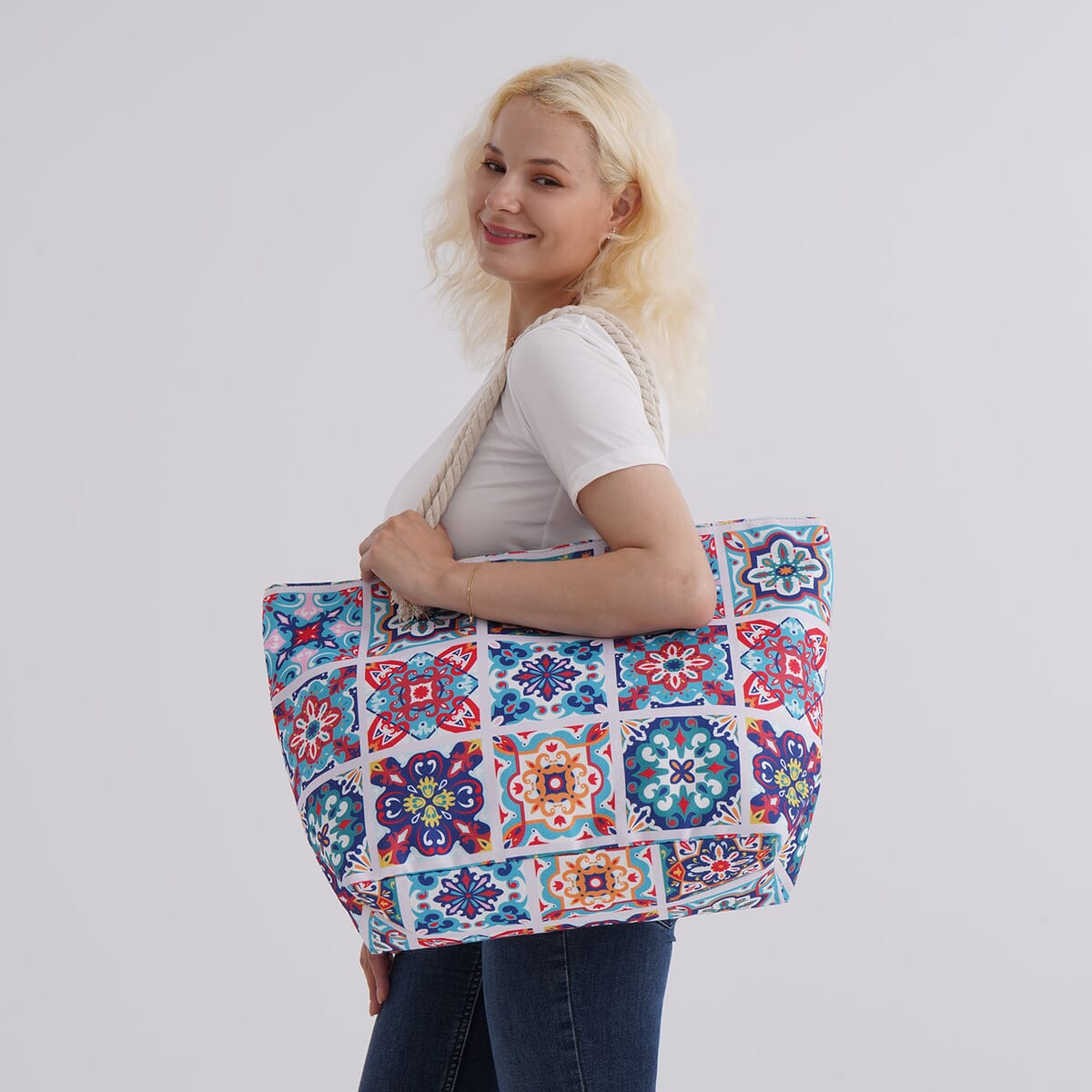 Multi Color Plaid Flower Print Pattern Large Size Tote Bag image number 1