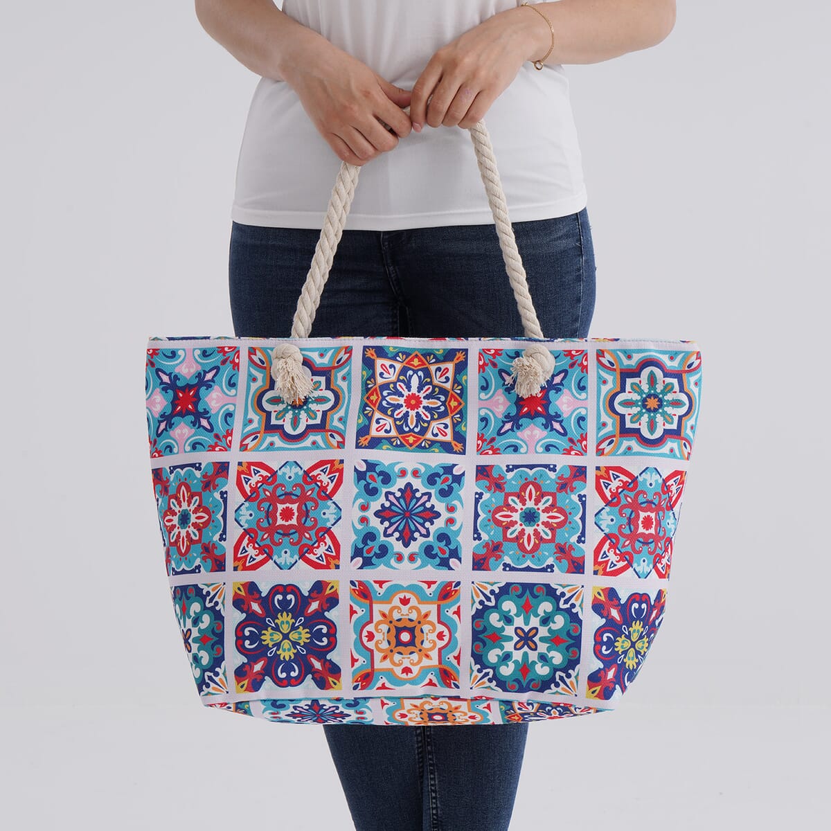 Multi Color Plaid Flower Print Pattern Large Size Tote Bag image number 2