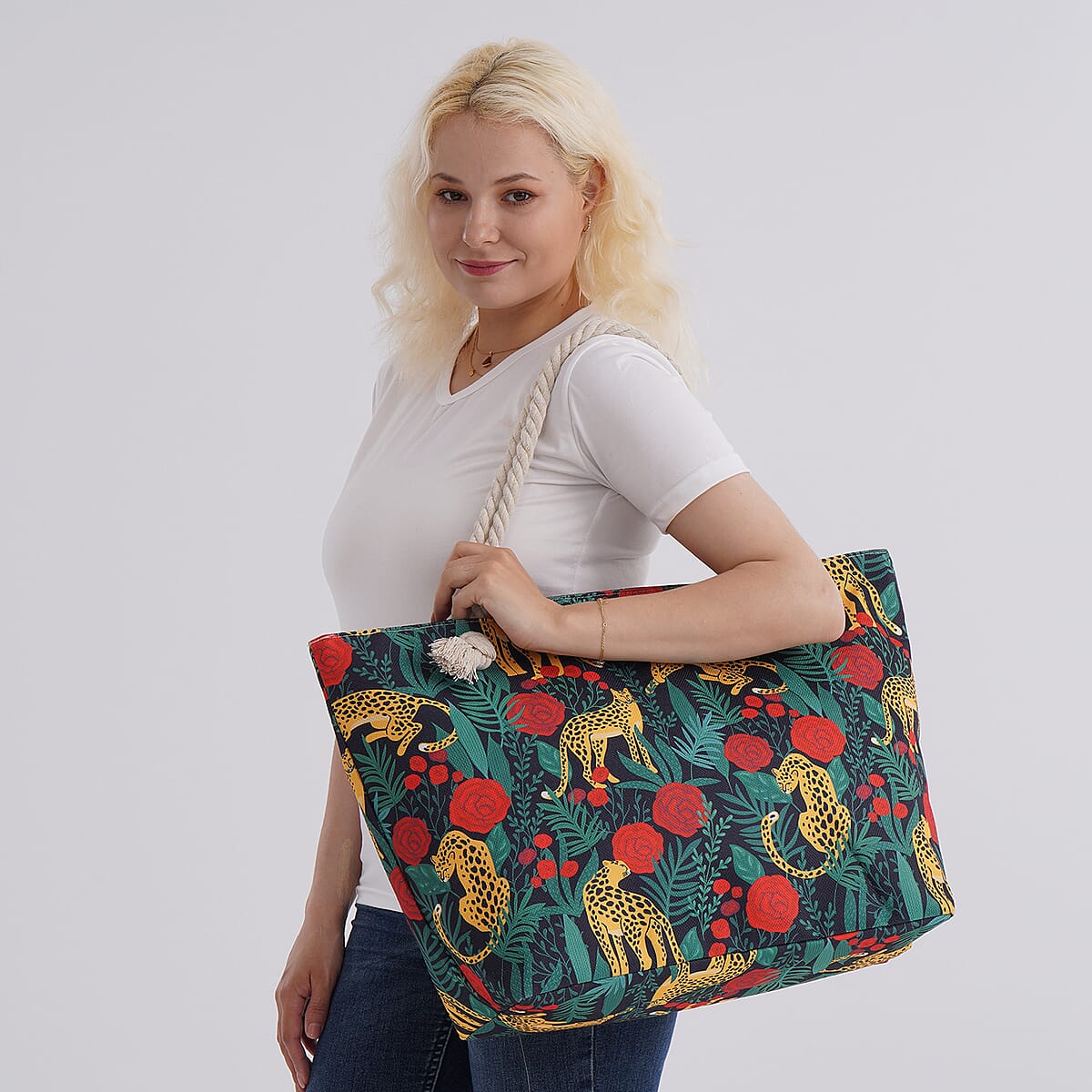 Red Rose with Leopard Print Pattern Large Size Tote Bag image number 1