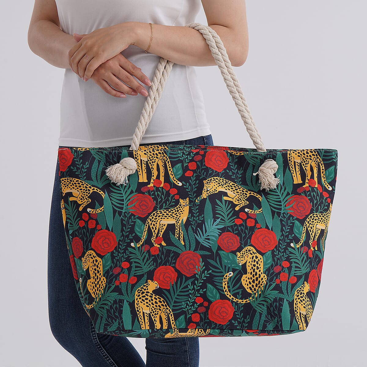 Red Rose with Leopard Print Pattern Large Size Tote Bag image number 2