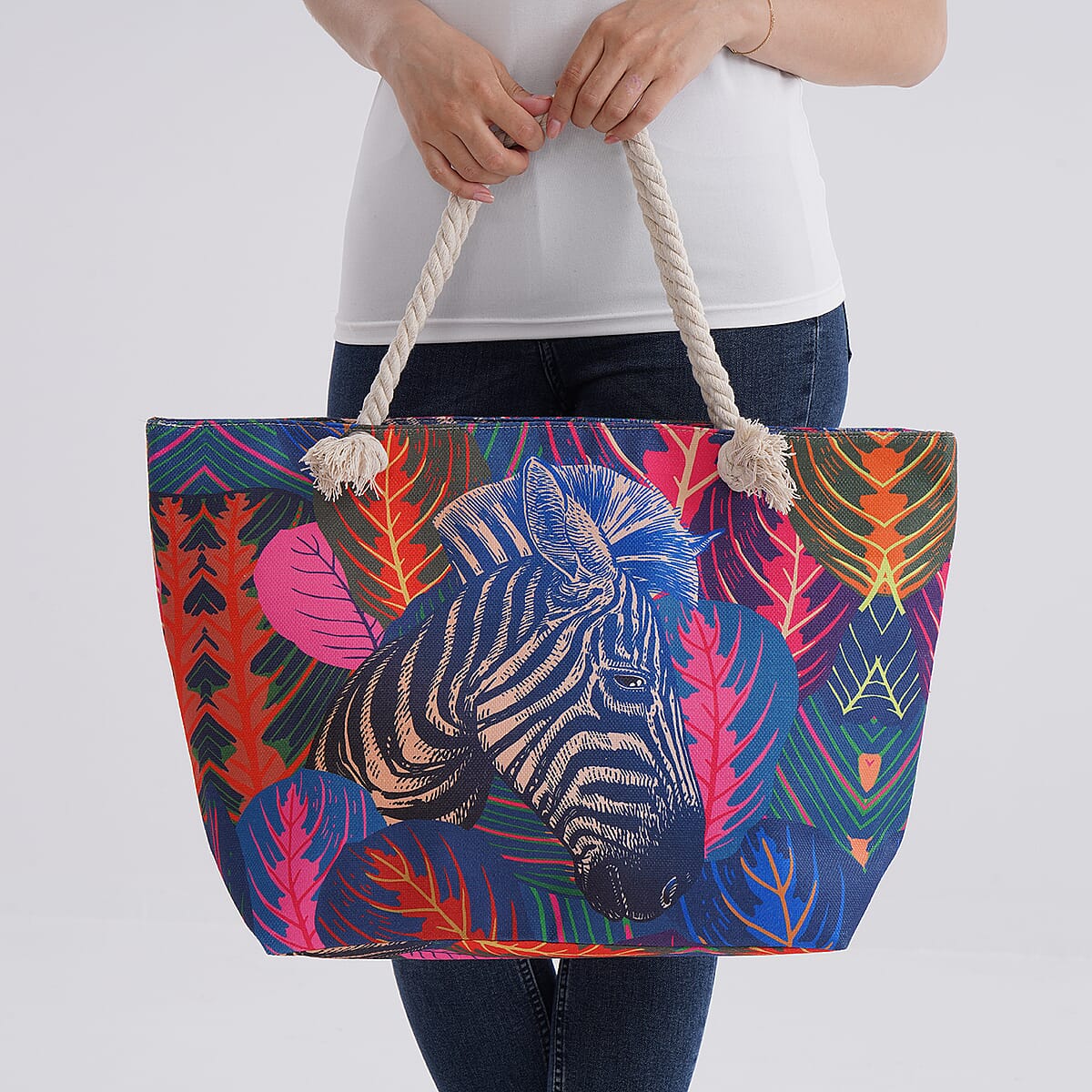 Multi Color Zebra Head and Leaves Print Pattern Large Size Tote Bag image number 2