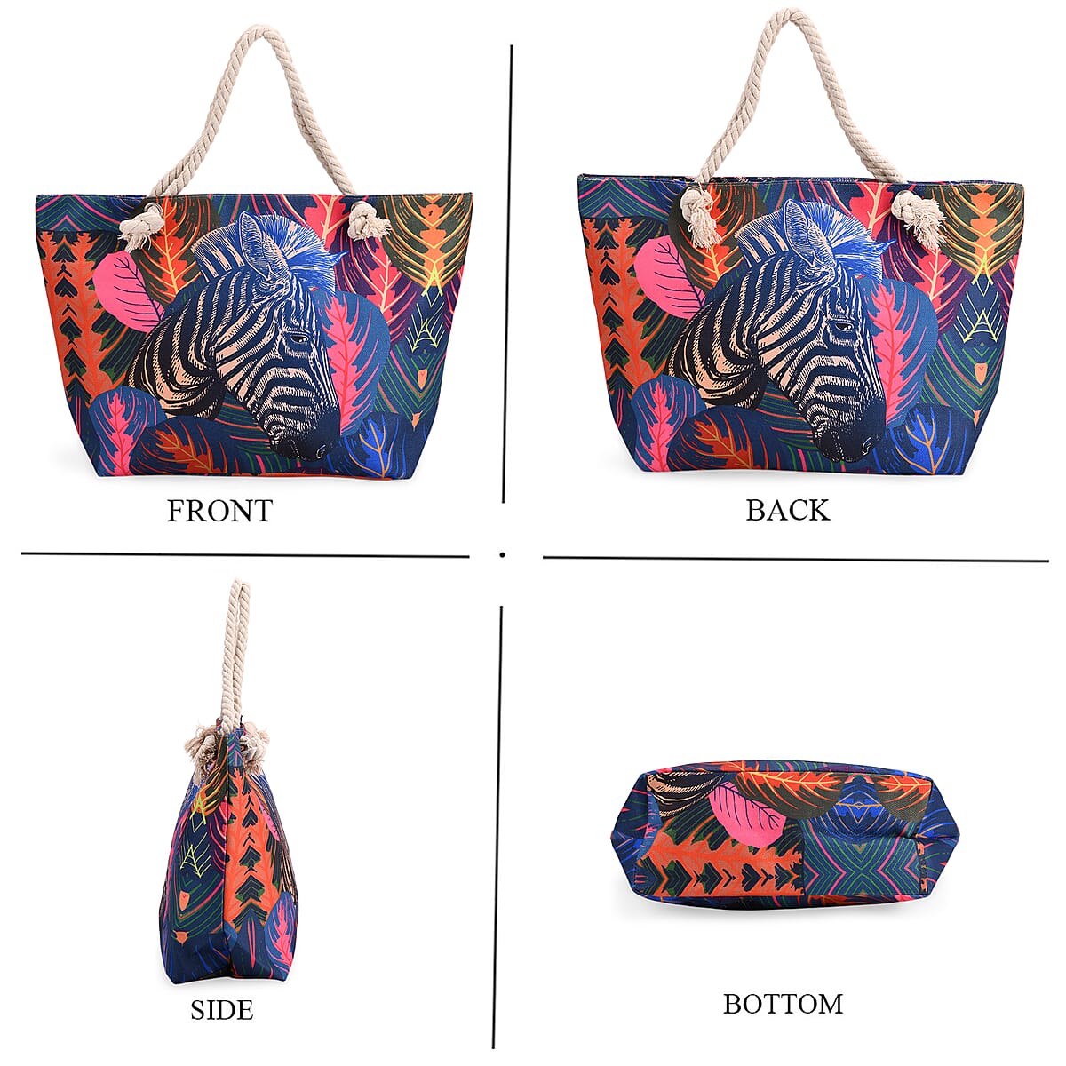 Multi Color Zebra Head and Leaves Print Pattern Large Size Tote Bag image number 3