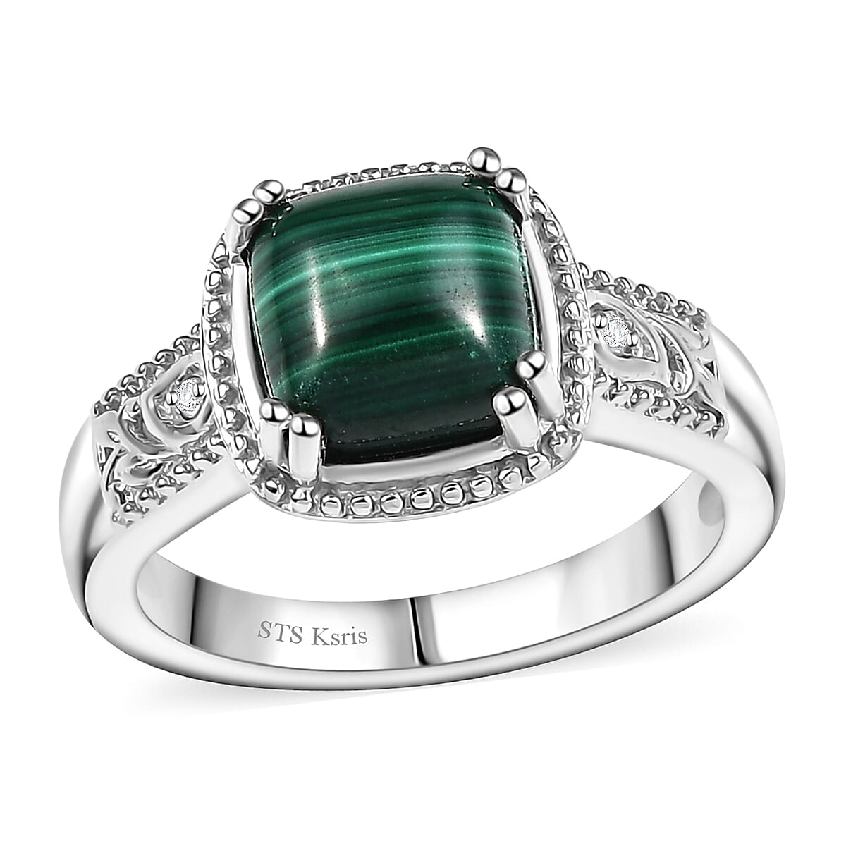 Karis African Malachite and White Zircon 3.60 ctw Ring in Platinum Bond (Size 9.0) image number 0