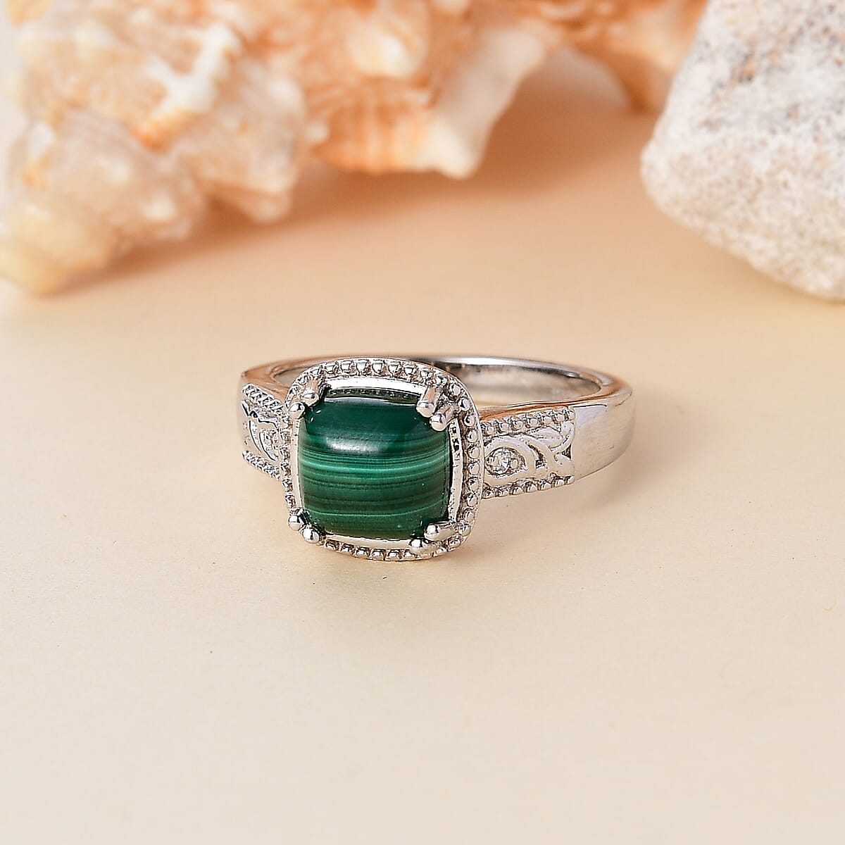 Karis African Malachite and White Zircon 3.60 ctw Ring in Platinum Bond (Size 9.0) image number 1