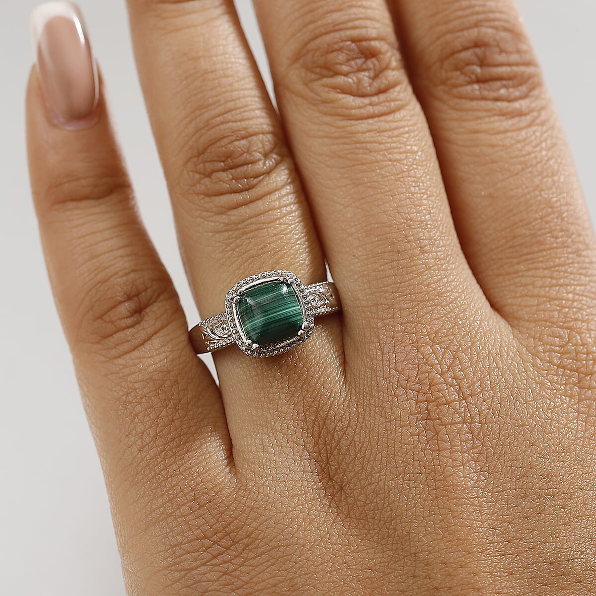 Karis African Malachite and White Zircon 3.60 ctw Ring in Platinum Bond (Size 9.0) image number 2