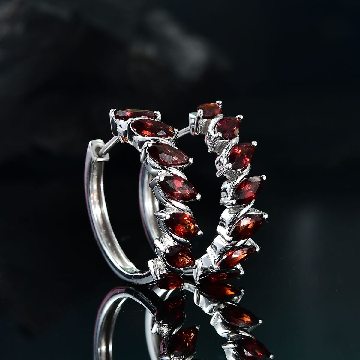 Mozambique Garnet 4.20 ctw Hoop Earrings in Rhodium Over Sterling Silver  image number 1