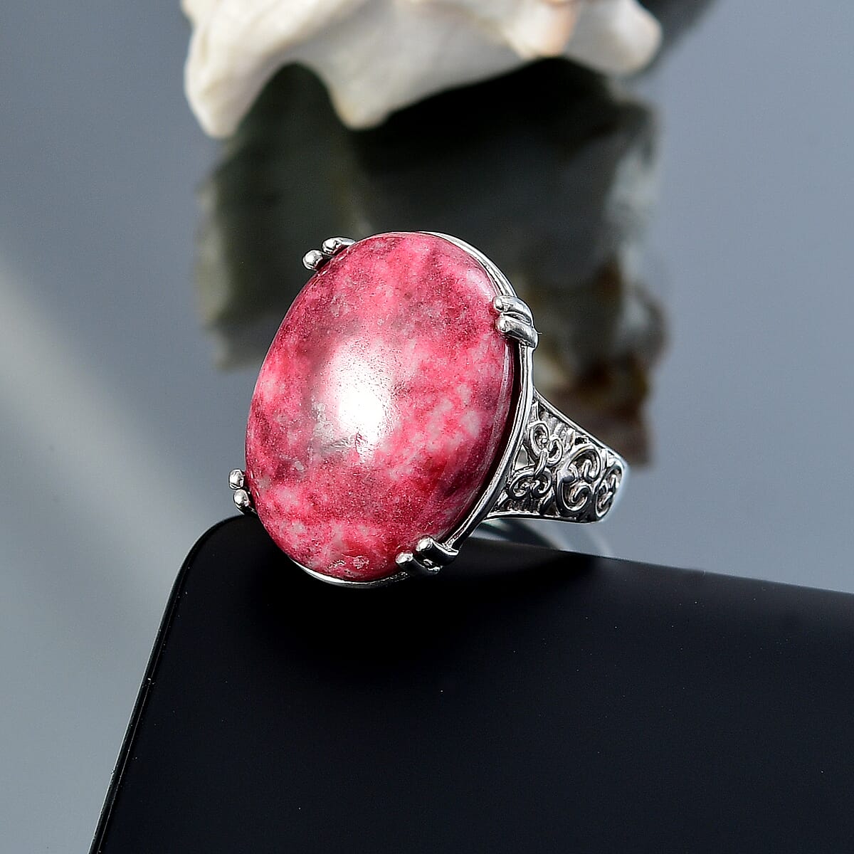 Norwegian Thulite 24.85 ctw Solitaire Ring in Platinum Over Copper with Magnet (Size 6.0)  image number 1