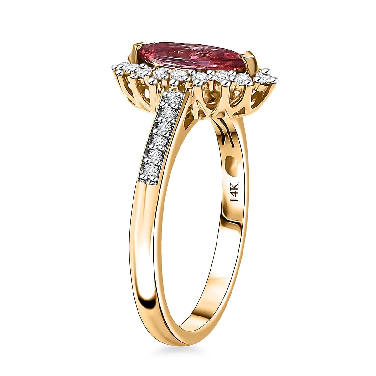 Certified & Appraised Luxoro AAA Padparadscha Sapphire (BT) 11.0) and I2 Diamond 1.54 ctw Halo Ring in 14K Yellow Gold (Size 7.0) image number 3