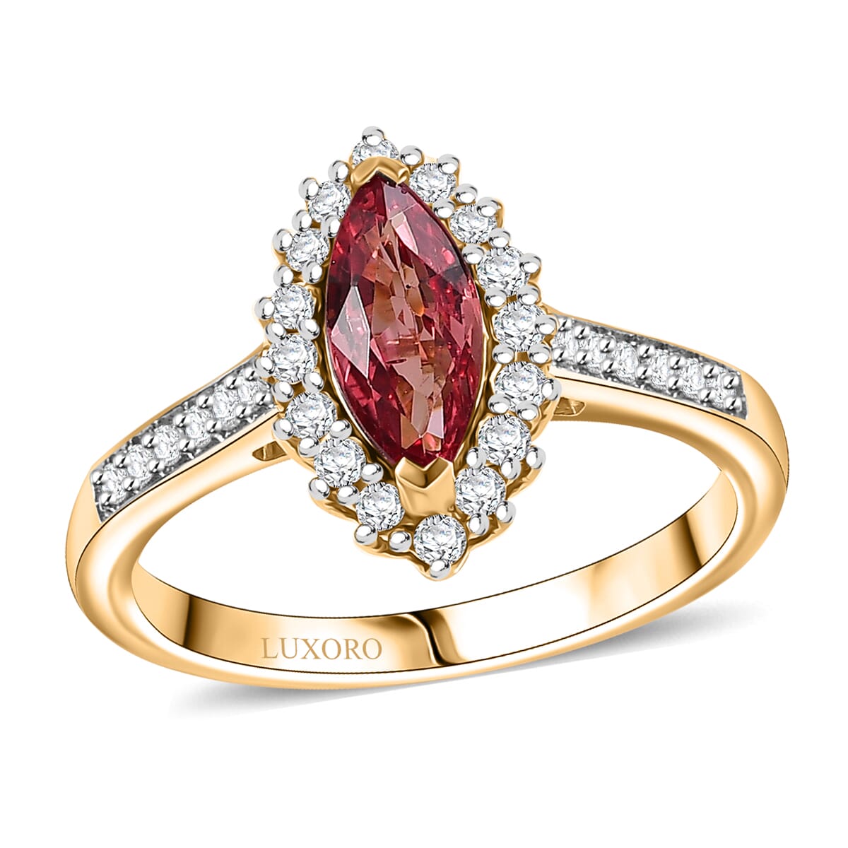 Certified & Appraised Luxoro AAA Padparadscha Sapphire (BT) 8.0) and I2 Diamond 1.54 ctw Halo Ring in 14K Yellow Gold (Size 7.0) image number 0