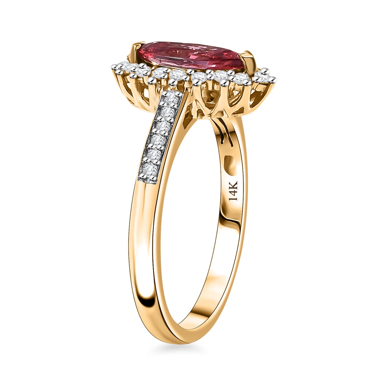 Certified & Appraised Luxoro AAA Padparadscha Sapphire (BT) 8.0) and I2 Diamond 1.54 ctw Halo Ring in 14K Yellow Gold (Size 7.0) image number 3