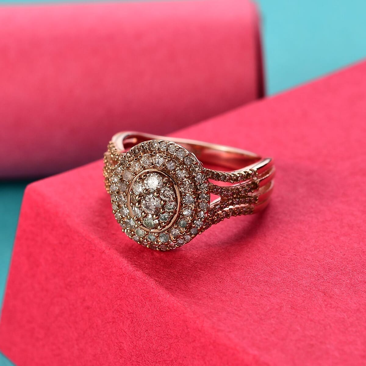Natural Champagne and White Diamond 1.00 ctw Cocktail Ring in 18K Vermeil Rose Gold Sterling Silver (Size 9.0) image number 1