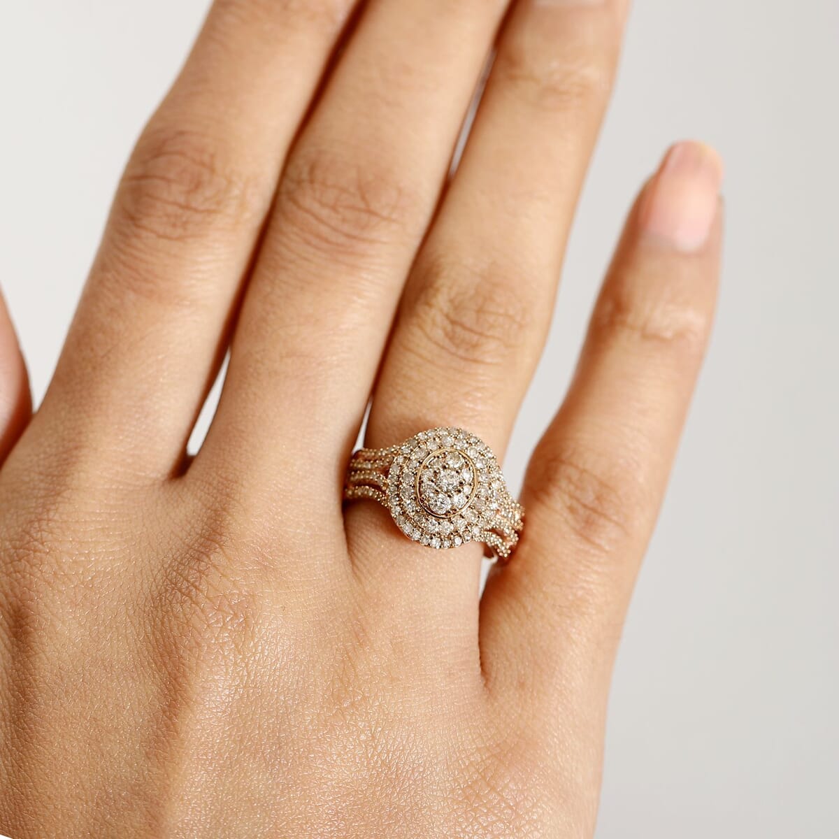 Natural Champagne and White Diamond 1.00 ctw Cocktail Ring in 18K Vermeil Rose Gold Sterling Silver (Size 9.0) image number 2