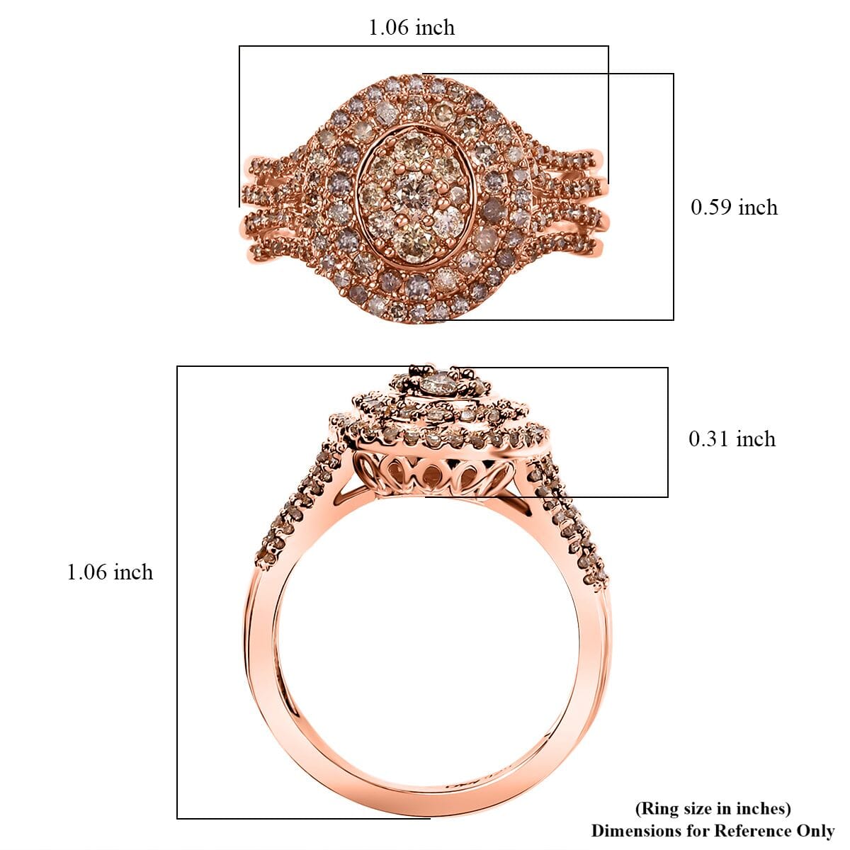 Natural Champagne and White Diamond 1.00 ctw Cocktail Ring in 18K Vermeil Rose Gold Sterling Silver (Size 9.0) image number 5